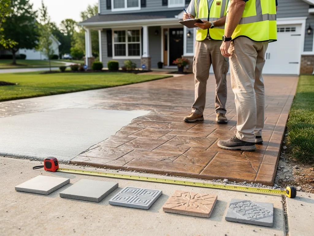 contractor reviewing driveway layout and finish options with homeowner
